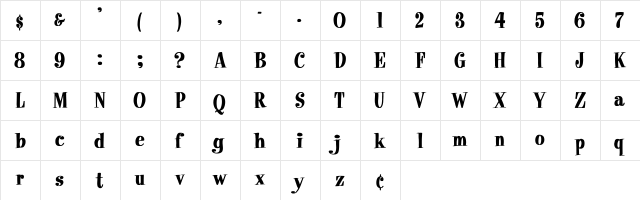 PixieFont Cn BOLD Bold  glyph index