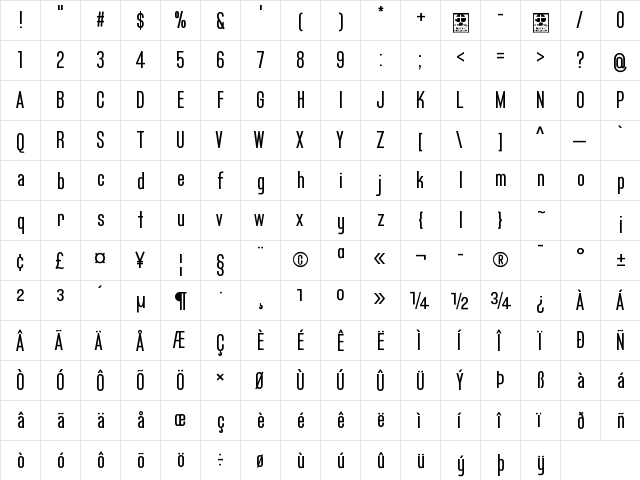 Bluefish Demo Regular  glyph index