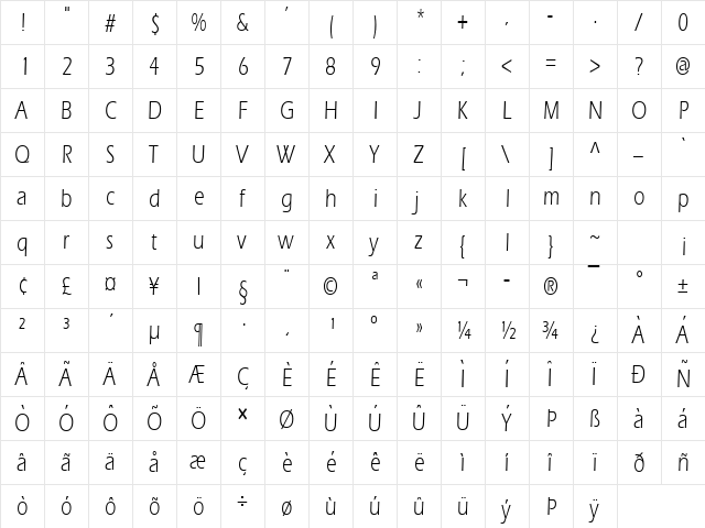 Eric Thin Normal  glyph index