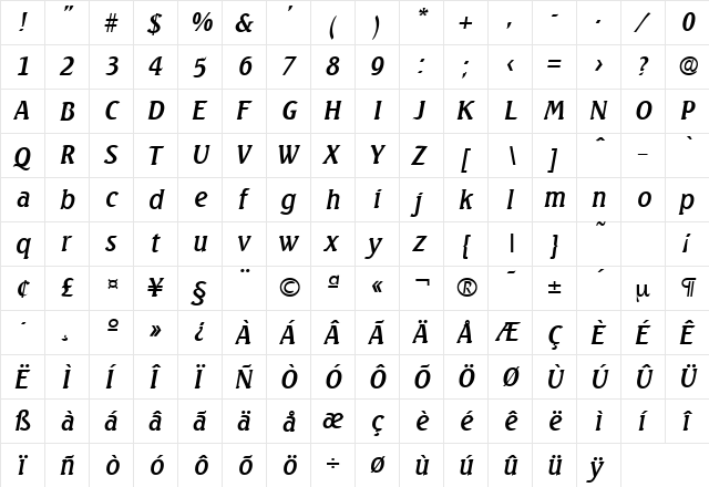 Seagull-Serial DB RegularItalic  glyph index