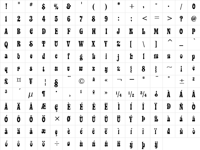ZiggyITC TT Regular  glyph index