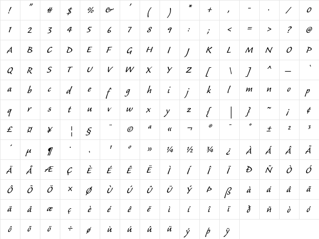 Caliban Regular  glyph index