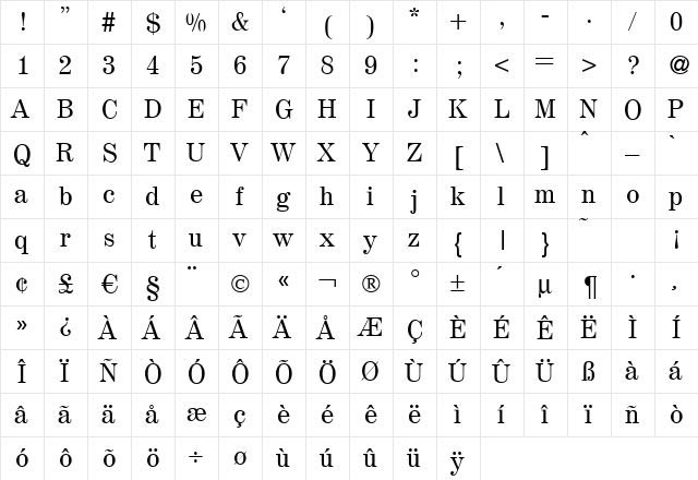 Magazine Regular  glyph index