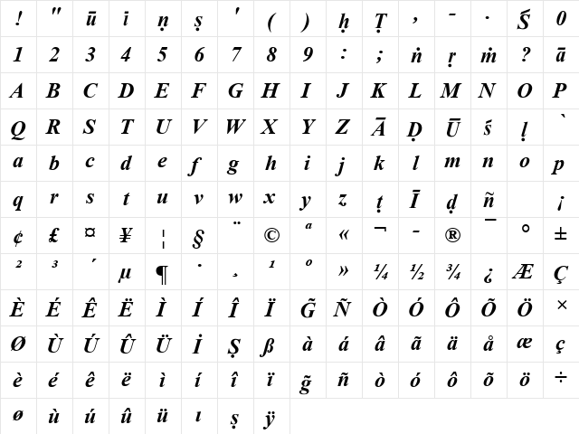 Eylem  Roman Bold Italic  glyph index