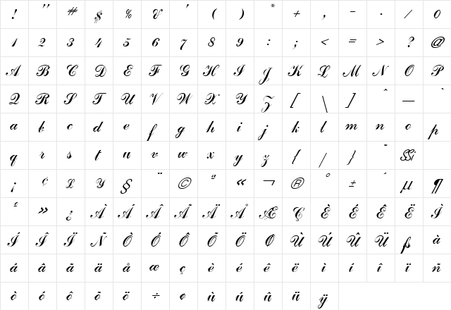 Journal Script SSi Regular  glyph index