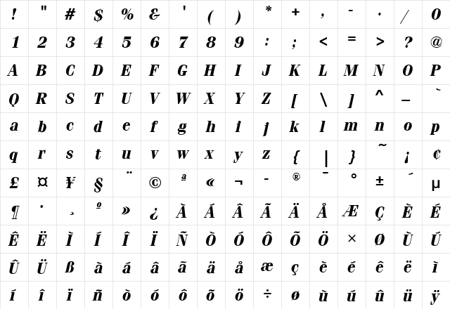 FeniceLightITC Bold Italic  glyph index