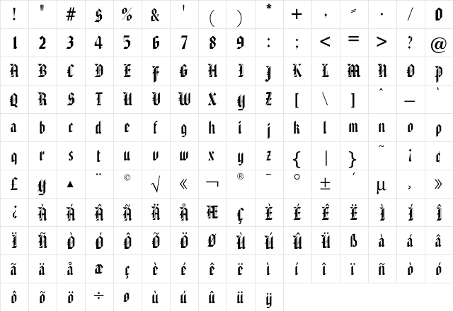AmericanTextOpti Regular  glyph index