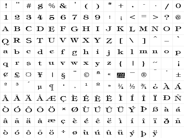 TimbrelBroad Regular  glyph index
