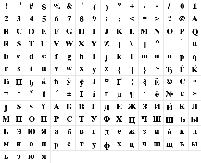 Times Ten Cyr Upright Bold  glyph index