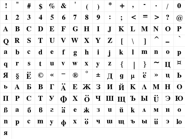 Timok 02 Bold  glyph index