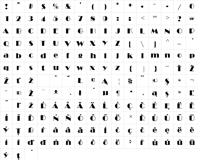 BroadwayDEE Regular  glyph index