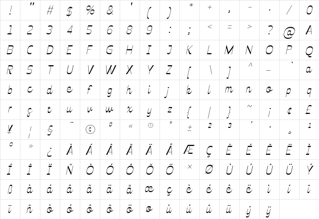 Celestine LightItalic  glyph index