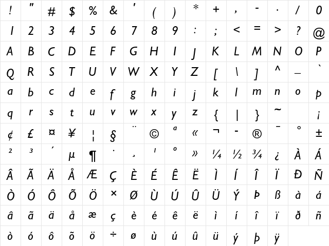 Gill Sans MT Pro Medium Italic  glyph index