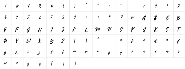 Miss Rhinetta Regular  glyph index