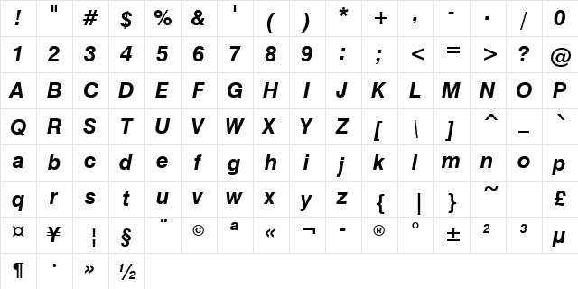 Swis721Greek BT Bold Inclined  glyph index