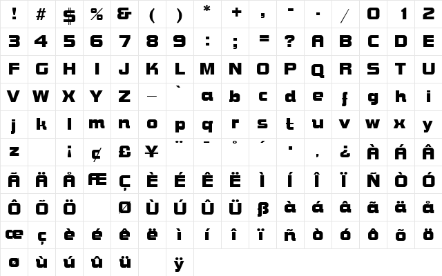 Bolt Regular  glyph index