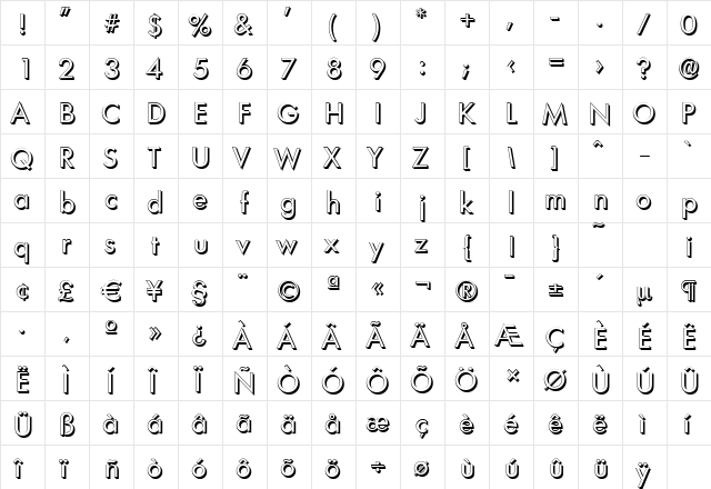 LimerickShadow Regular  glyph index