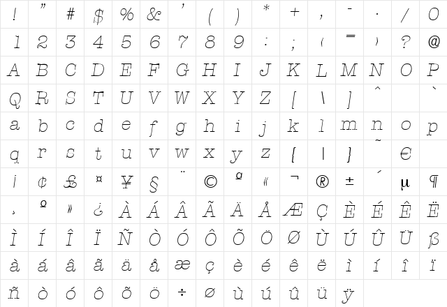 Typewriter-XlightIta Regular  glyph index