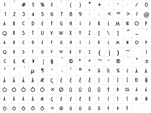 Marquisette BTN Bold  glyph index