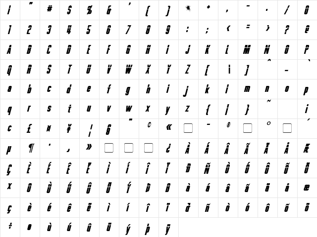 Phelps Bold Italic  glyph index