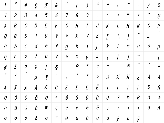 Sensor-Condensed Italic  glyph index