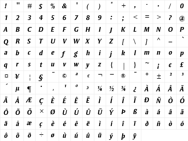 StrayhornMT BoldItalic  glyph index