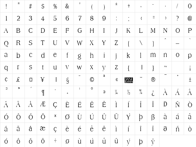 AmphionCondensed Regular  glyph index