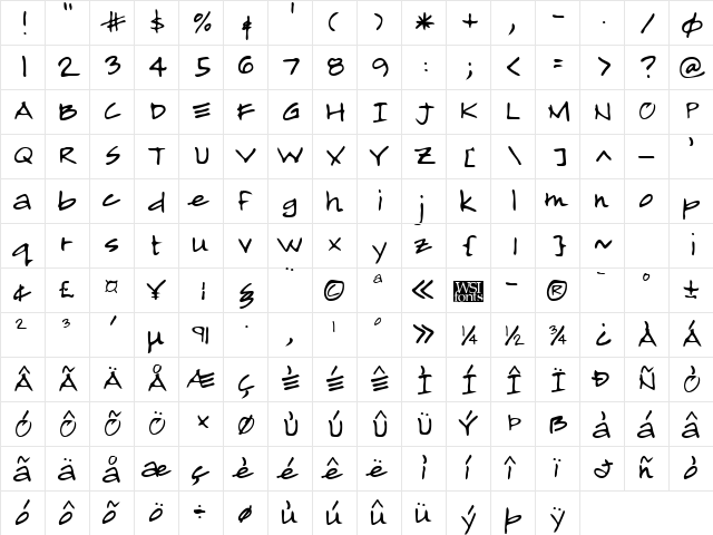 MarcosHand Regular  glyph index