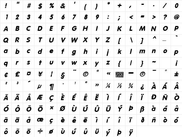 Vagabond Bold Italic  glyph index