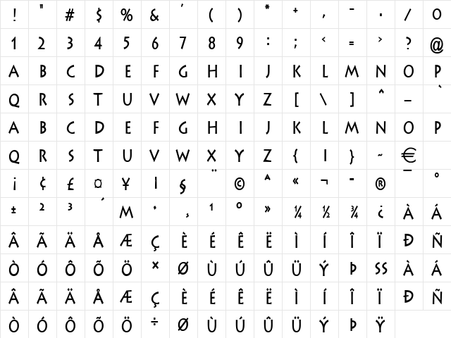 ListeCondensed Bold  glyph index