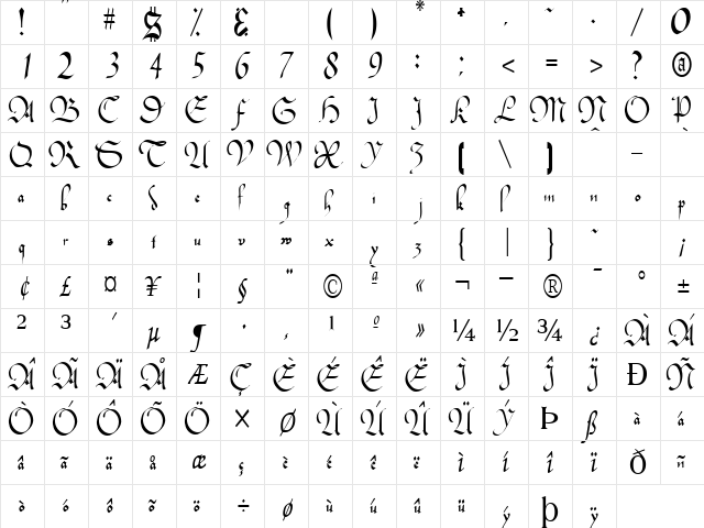 Classic Regular  glyph index