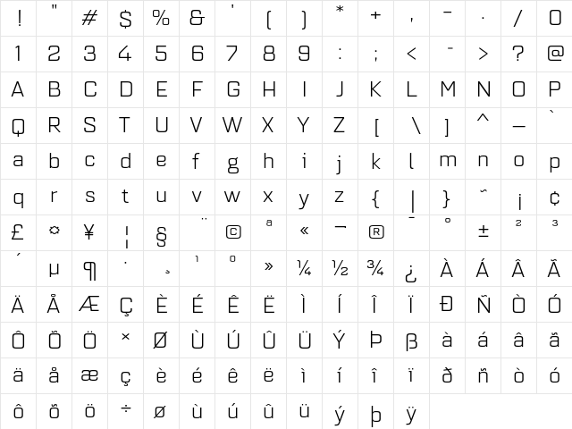 Quarca Ext Book  glyph index