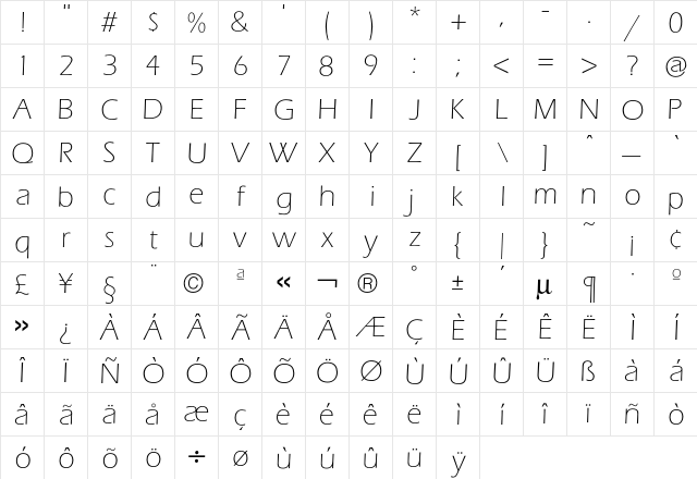 Eras Light  glyph index