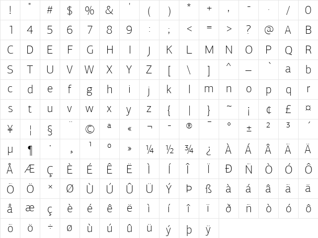PF Agora Sans Pro Thin  glyph index