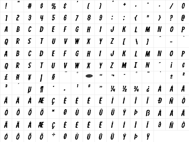 Carnival Corpse Staggered Expanded Italic Expanded Italic  glyph index