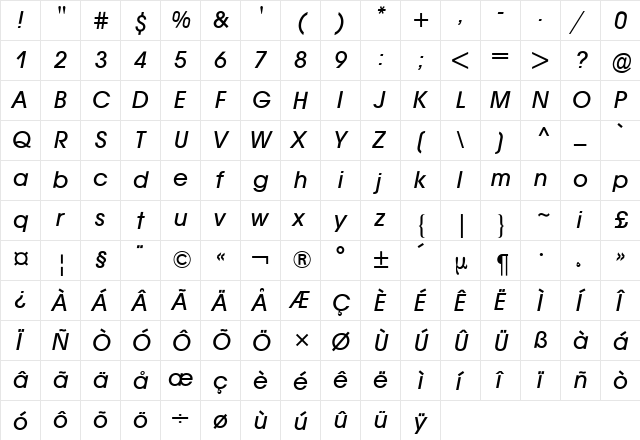 Avant Garde BQ Roman Italic  glyph index