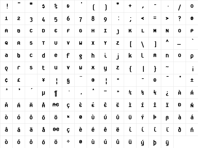 PlateletHeavy Regular  glyph index