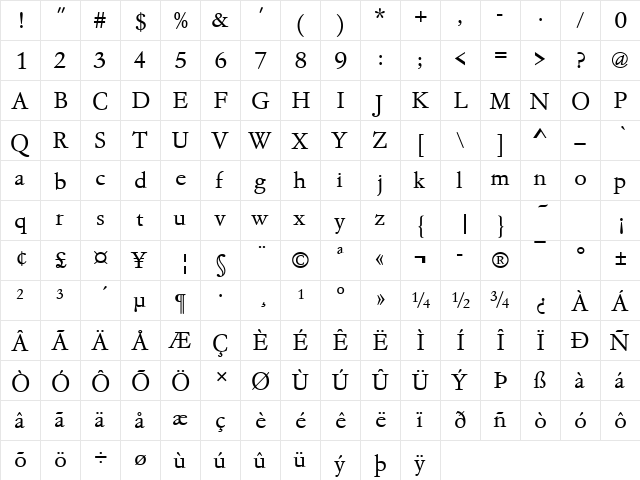 GaramondNo4TLig Regular  glyph index