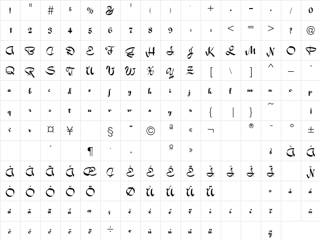 Holly Script  glyph index