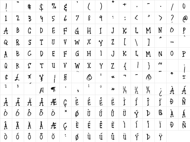 Jack Sketcher Regular  glyph index