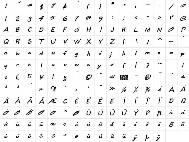 CoreysHand Bold Italic  glyph index