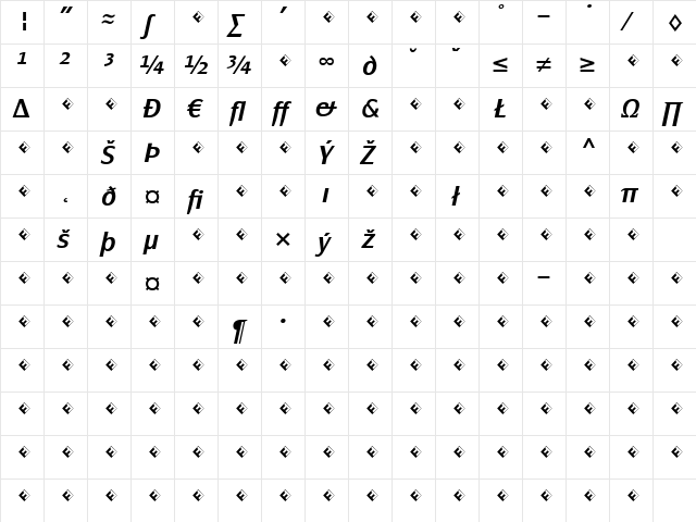 PageSans-DemiBoldItalicExp Regular  glyph index