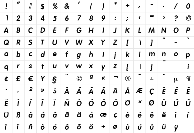 VolkswagenSerial BoldItalic  glyph index