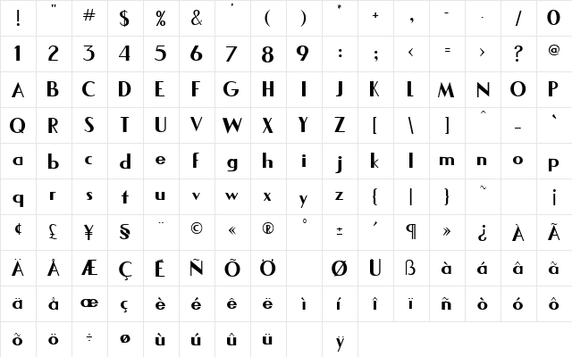 Elegant Regular  glyph index