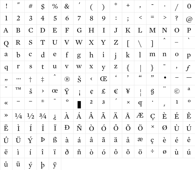 Mercury Text G1 Roman  glyph index