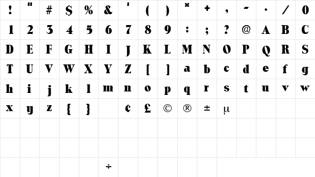 LocuraDisplaySSK Regular  glyph index