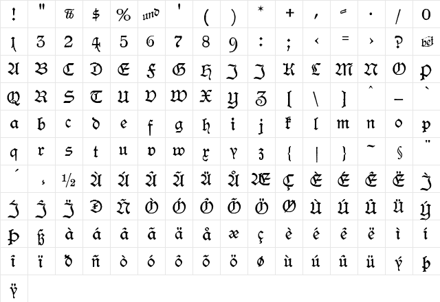Hamburger Schwabacher Druckrauh Regular  glyph index