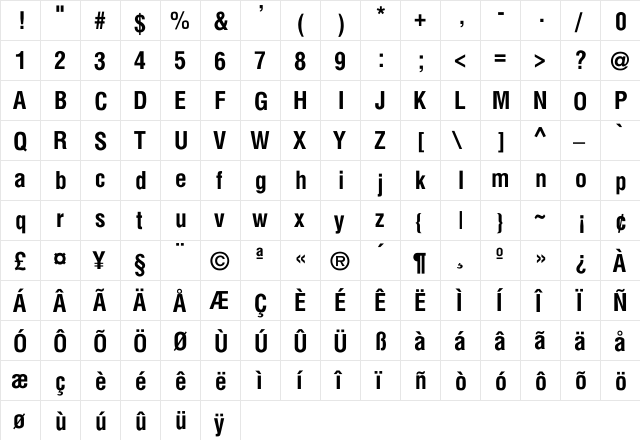 Holland Conden Bold Regular  glyph index