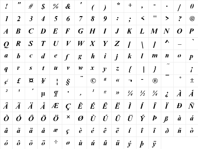 Nimbus Roman Becker No9T Bold Italic  glyph index