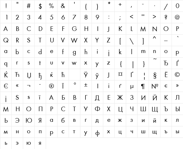 FuturaBookCTT Normal  glyph index